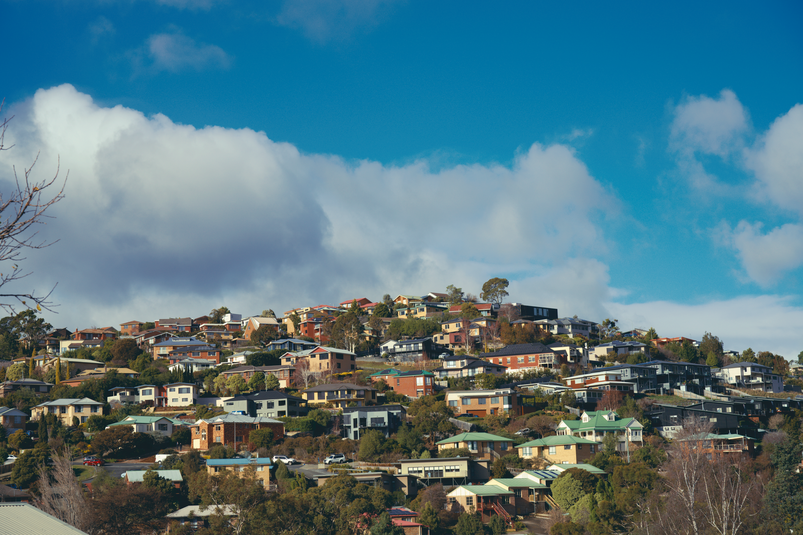 Hillside view of suburban houses under a bright sky
